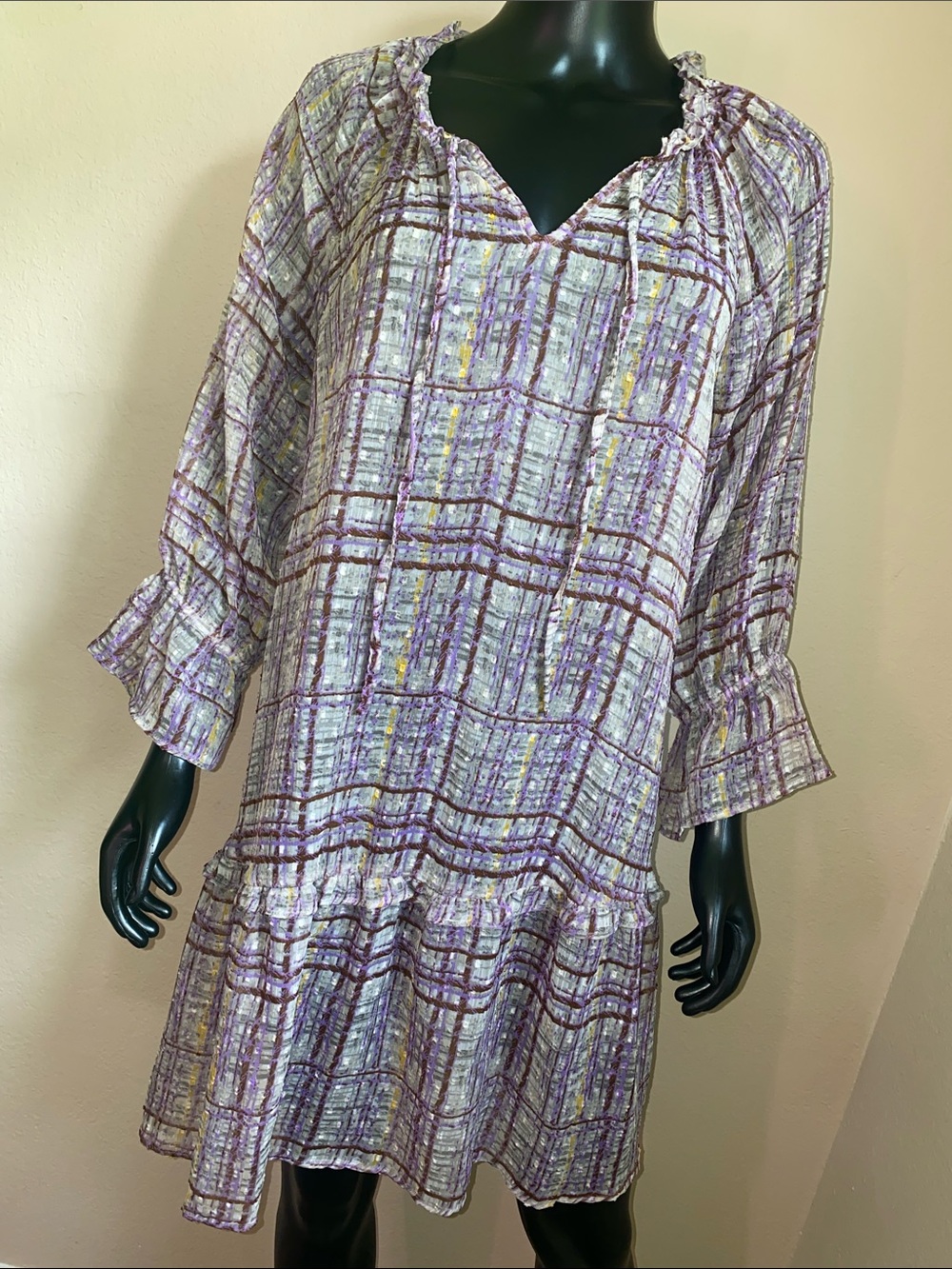 Cato Lavender Plaid Ruffle-Neck Sheer Mini Dress - Picture 1 of 11